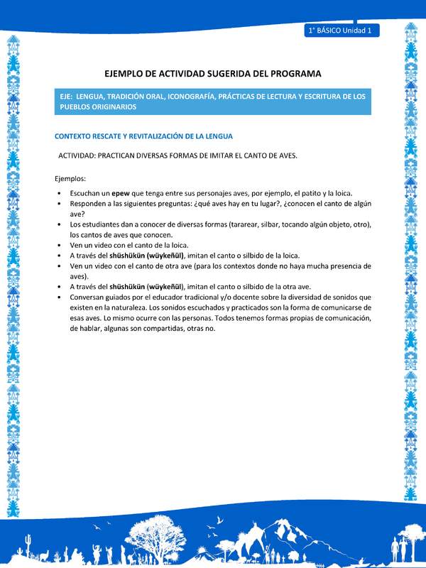 Actividad sugerida: LC01 - Mapuche - U1 - N°3: PRACTICAN DIVERSAS FORMAS DE IMITAR EL CANTO DE AVES. Actividad sugerida: LC01 - Mapuche - U1 - N°3: PRACTICAN DIVERSAS FORMAS DE IMITAR EL CANTO DE AVES.
