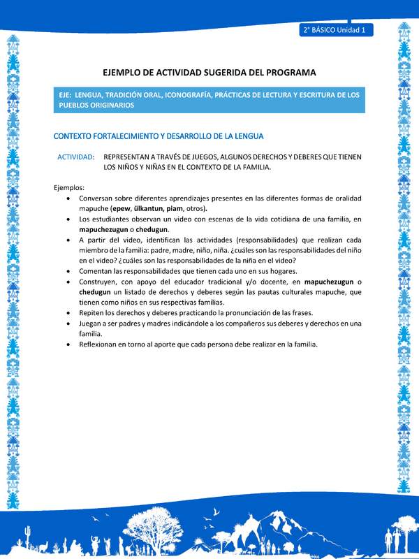 Actividad sugerida: LC02 - Mapuche - U1 - N°3: REPRESENTAN A TRAVÉS DE JUEGOS, ALGUNOS DERECHOS Y DEBERES QUE TIENEN LOS NIÑOS Y NIÑAS EN EL CONTEXTO DE LA FAMILIA. Actividad sugerida: LC02 - Mapuche - U1 - N°3: REPRESENTAN A TRAVÉS DE JUEGOS, ALGUNOS DERECHOS Y DEBERES QUE TIENEN LOS NIÑOS Y NIÑAS EN EL CONTEXTO DE LA FAMILIA.