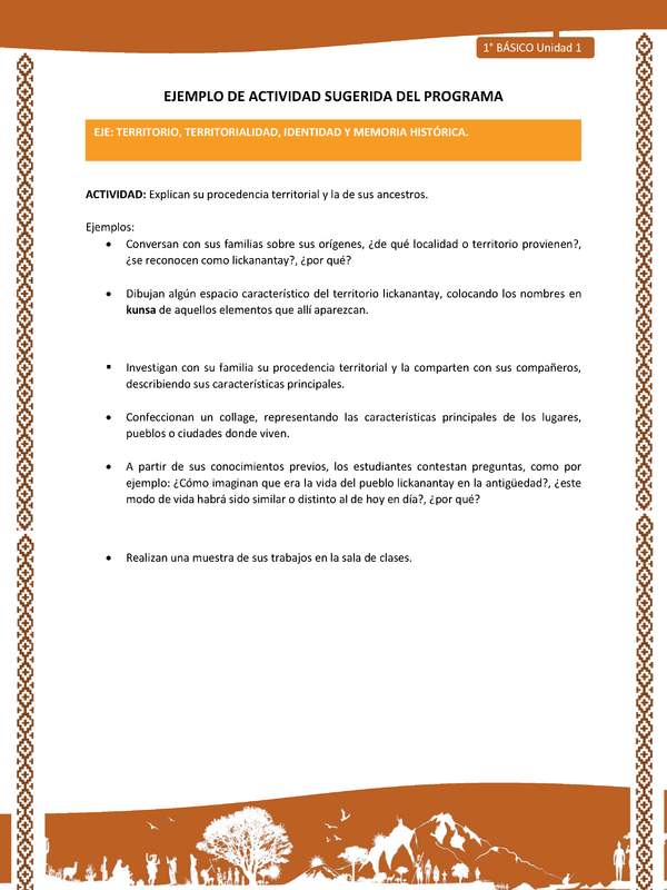 Actividad sugerida: LC01 - Lickanantay - U1 - N°5: EXPLICAN SU PROCEDENCIA TERRITORIAL Y LA DE SUS ANCESTROS Actividad sugerida: LC01 - Lickanantay - U1 - N°5: EXPLICAN SU PROCEDENCIA TERRITORIAL Y LA DE SUS ANCESTROS