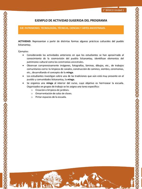 Actividad sugerida: LC01 - Lickanantay - U1 - N°10: REPRESENTAN A PARTIR DE DISTINTAS FORMAS ALGUNAS PRÁCTICAS CULTURALES DEL PUEBLO LICKANANTAY Actividad sugerida: LC01 - Lickanantay - U1 - N°10: REPRESENTAN A PARTIR DE DISTINTAS FORMAS ALGUNAS PRÁCTICAS CULTURALES DEL PUEBLO LICKANANTAY