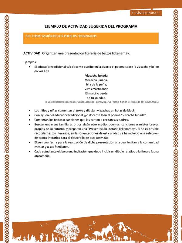 Actividad sugerida: LC01 - Lickanantay - U1 - N°8: ORGANIZAN UNA PRESENTACIÓN LITERARIA DE TEXTOS LICKANANTAY Actividad sugerida: LC01 - Lickanantay - U1 - N°8: ORGANIZAN UNA PRESENTACIÓN LITERARIA DE TEXTOS LICKANANTAY
