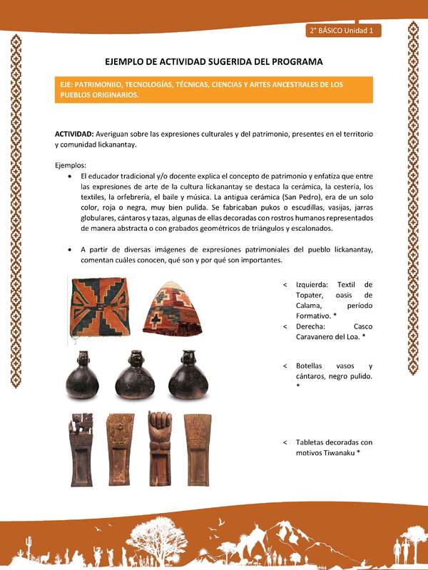 Actividad sugerida: LC02 - Lickanantay - U1 - N°10: AVERIGUAN SOBRE LAS EXPRESIONES CULTURALES Y DEL PATRIMONIO, PRESENTES EN EL TERRITORIO Y COMUNIDAD LICKANANTAY. Actividad sugerida: LC02 - Lickanantay - U1 - N°10: AVERIGUAN SOBRE LAS EXPRESIONES CULTURALES Y DEL PATRIMONIO, PRESENTES EN EL TERRITORIO Y COMUNIDAD LICKANANTAY.