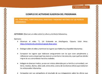 Actividad sugerida: LC02 - Lickanantay - U2 - N°3: OBSERVAN UN VIDEO SOBRE LA CULTURA Y TERRITORIO LICKANANTAY.