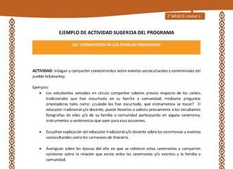 Actividad sugerida: LC02 - Lickanantay - U1 - N°7: INDAGAN Y COMPARTEN CONOCIMIENTOS SOBRE EVENTOS SOCIOCULTURALES Y CEREMONIALES DEL PUEBLO LICKANANTAY.