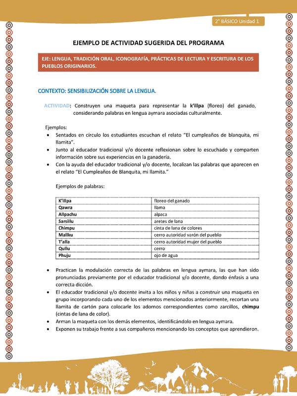 Actividad sugerida Nº 3 - LC02 - LS -AYM-U1-03-2B-LS-Construyen una maqueta para representar la k’illpa (floreo) del ganado, considerando palabras en lengua aymara asociadas culturalmente. Actividad sugerida Nº 3 - LC02 - LS -AYM-U1-03-2B-LS-Construyen una maqueta para representar la k’illpa (floreo) del ganado, considerando palabras en lengua aymara asociadas culturalmente.