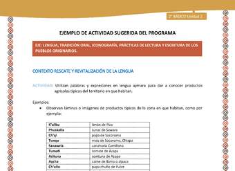 Actividad sugerida Nº 4- LC02 - AYM-U2-01-LR- Utilizan palabras y expresiones en lengua aymara para dar a conocer productos agrícolas típicos del territorio en que habitan.