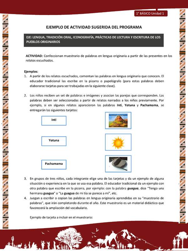 Actividad sugerida: LC01 - Diaguita - U1 - N°2: CONFECCIONAN MUESTRARIO DE PALABRAS EN LENGUA ORIGINARIA A PARTIR DE LAS PRESENTES EN LOS RELATOS ESCUCHADOS. Actividad sugerida: LC01 - Diaguita - U1 - N°2: CONFECCIONAN MUESTRARIO DE PALABRAS EN LENGUA ORIGINARIA A PARTIR DE LAS PRESENTES EN LOS RELATOS ESCUCHADOS.