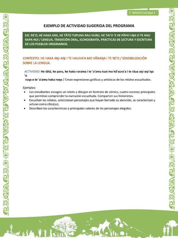 Actividad sugerida LC01 - Rapa Nui - U1 - N°02: Crean expresiones gráficas y artísticas de los relatos escuchados. Actividad sugerida LC01 - Rapa Nui - U1 - N°02: Crean expresiones gráficas y artísticas de los relatos escuchados.