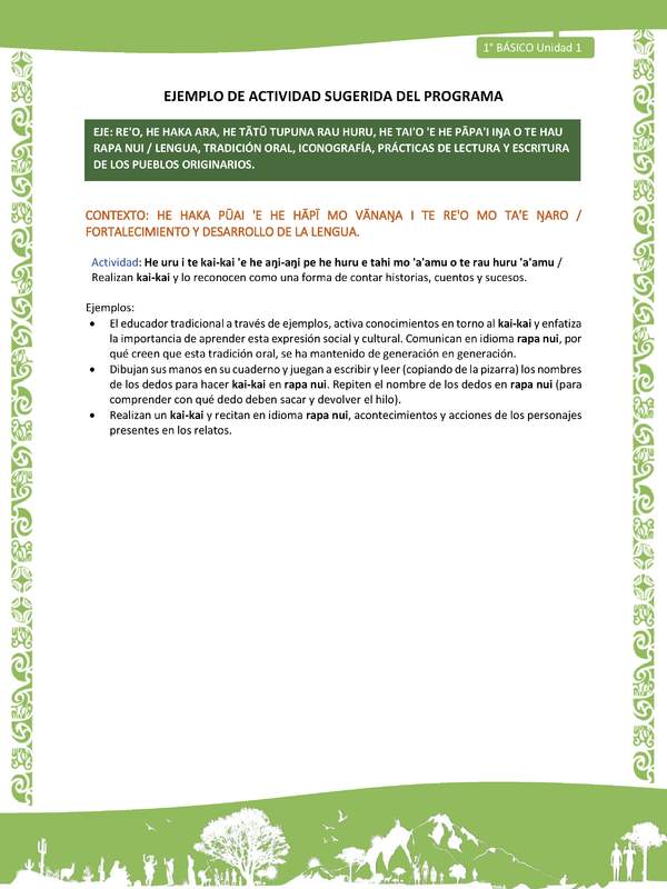 Actividad sugerida LC01 - Rapa Nui - U1 - N°11: Realizan kai-kai y lo reconocen como una forma de contar historias, cuentos y sucesos. Actividad sugerida LC01 - Rapa Nui - U1 - N°11: Realizan kai-kai y lo reconocen como una forma de contar historias, cuentos y sucesos.