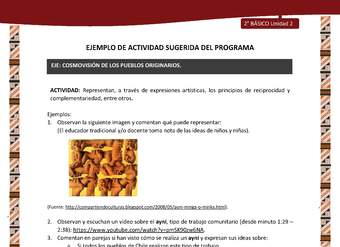 Actividad sugerida: LC02 - Diaguita - U2 - N°3: REPRESENTAN, A TRAVÉS DE EXPRESIONES ARTÍSTICAS, LOS PRINCIPIOS DE RECIPROCIDAD Y COMPLEMENTARIEDAD, ENTRE OTROS.