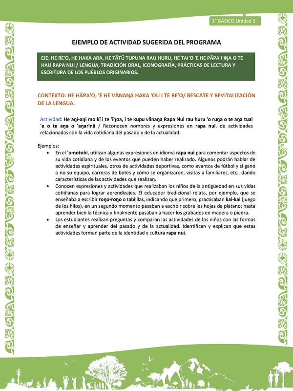 Actividad sugerida LC01 - Rapa Nui - U3 - N°48: Reconocen nombres y expresiones en rapa nui, de actividades relacionadas con la vida cotidiana del pasado y de la actualidad.