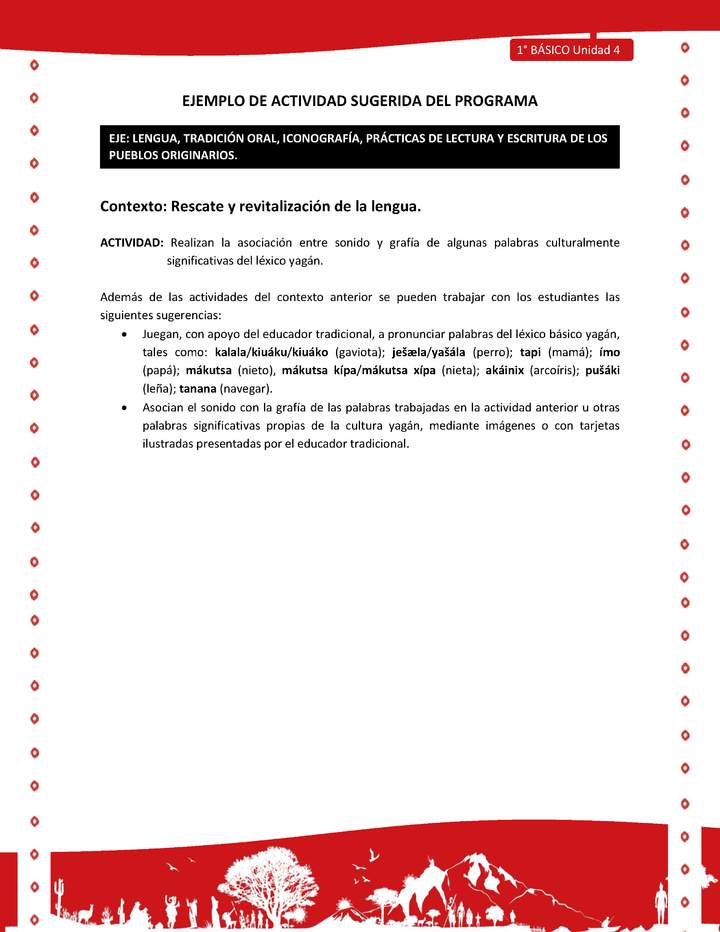 Actividad sugerida Nº 2- LC01 - YAG-U4-LR - Realizan la asociación entre sonido y grafía de algunas palabras culturalmente significativas del léxico yagán