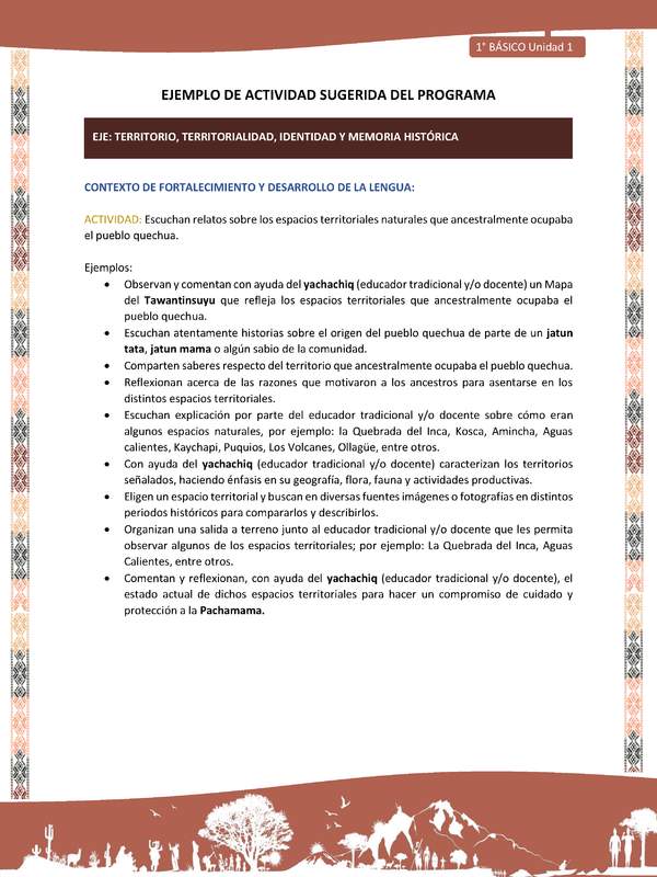 Actividad sugerida LC01 - Quechua - U1 - N°10: Escuchan relatos sobre los espacios territoriales naturales que ancestralmente ocupaba el pueblo quechua. Actividad sugerida LC01 - Quechua - U1 - N°10: Escuchan relatos sobre los espacios territoriales naturales que ancestralmente ocupaba el pueblo quechua.