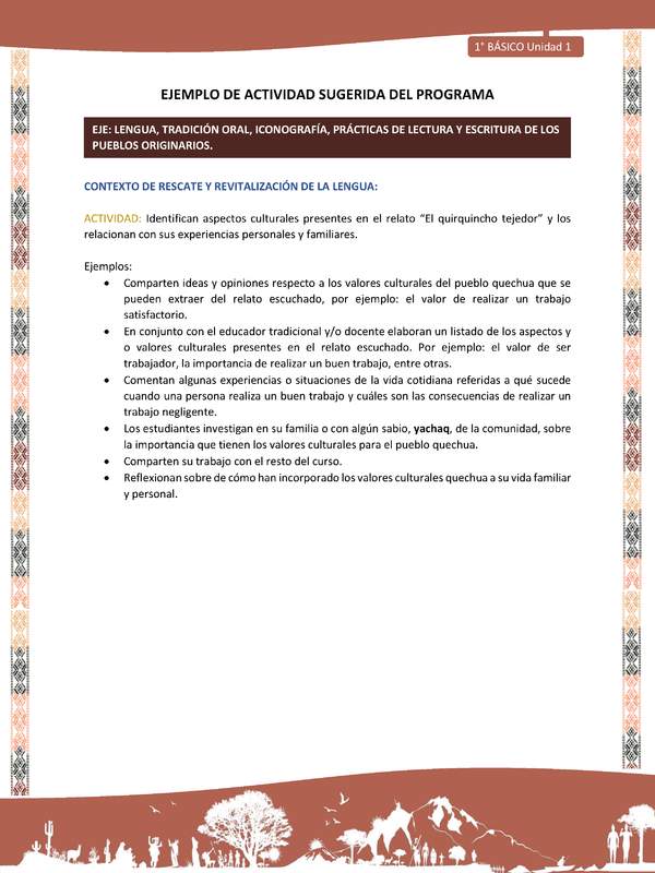 Actividad sugerida LC01 - Quechua - U1 - N°04: Identifican aspectos culturales presentes en el relato “El quirquincho tejedor” y los relacionan con sus experiencias personales y familiares. Actividad sugerida LC01 - Quechua - U1 - N°04: Identifican aspectos culturales presentes en el relato “El quirquincho tejedor” y los relacionan con sus experiencias personales y familiares.