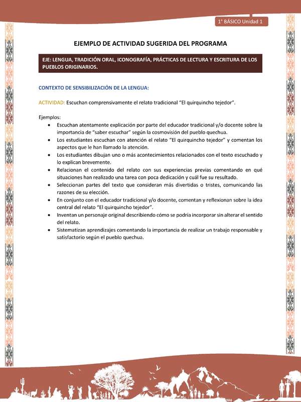 Actividad sugerida LC01 - Quechua - U1 - N°01: Escuchan comprensivamente el relato tradicional “El quirquincho tejedor”. Actividad sugerida LC01 - Quechua - U1 - N°01: Escuchan comprensivamente el relato tradicional “El quirquincho tejedor”.