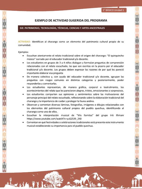 Actividad sugerida LC01 - Quechua - U1 - N°14: Identifican al charango como un elemento del patrimonio cultural propio de su comunidad. Actividad sugerida LC01 - Quechua - U1 - N°14: Identifican al charango como un elemento del patrimonio cultural propio de su comunidad.