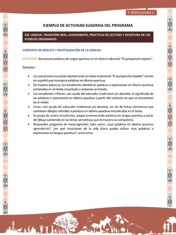 Actividad sugerida LC01 - Quechua - U1 - N°03: Reconocen palabras de origen quechua en el relato tradicional “El quirquincho tejedor”. Actividad sugerida LC01 - Quechua - U1 - N°03: Reconocen palabras de origen quechua en el relato tradicional “El quirquincho tejedor”.