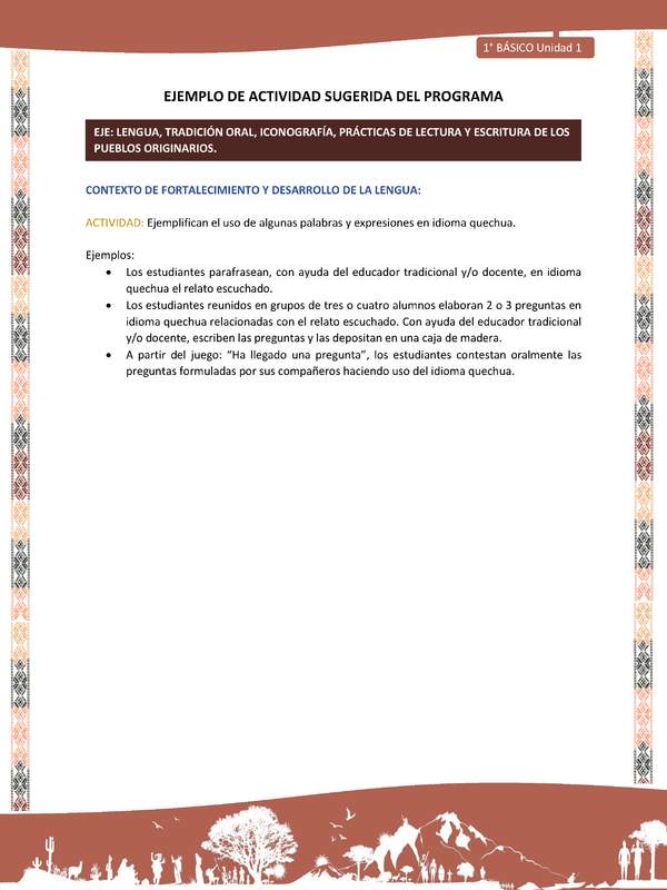 Actividad sugerida LC01 - Quechua - U1 - N°07: Ejemplifican el uso de algunas palabras y expresiones en idioma quechua. Actividad sugerida LC01 - Quechua - U1 - N°07: Ejemplifican el uso de algunas palabras y expresiones en idioma quechua.