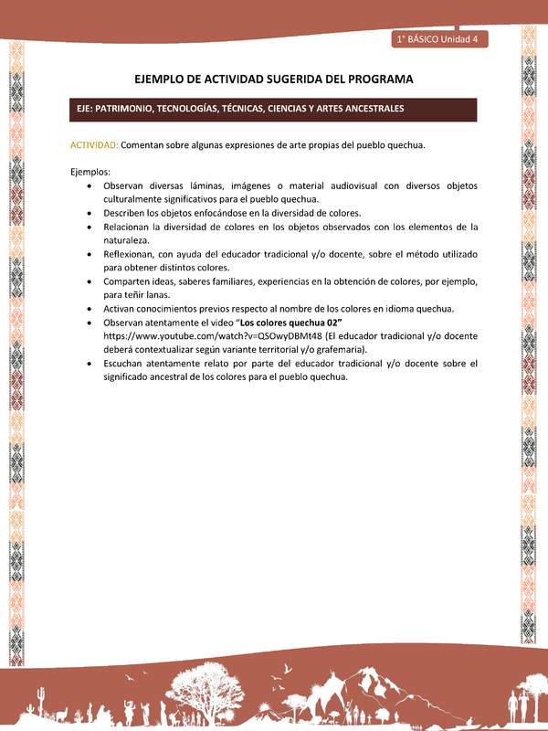 Actividad sugerida LC01 - Quechua - U4 - N°50: Comentan sobre algunas expresiones de arte propias del pueblo quechua.