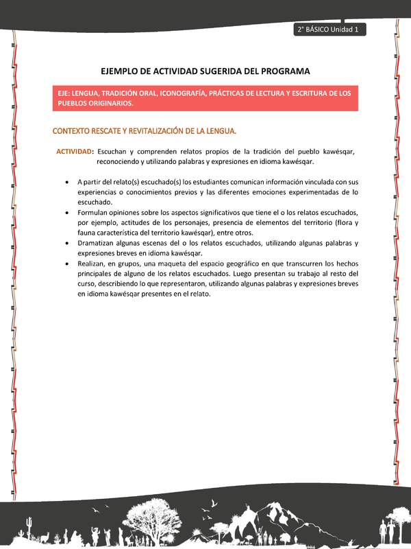 Actividad sugerida: LC02 - KAWÉSQAR - U1 - N°2: ESCUCHAN Y COMPRENDEN RELATOS PROPIOS DE LA TRADICIÓN DEL PUEBLO KAWÉSQAR, RECONOCIENDO Y UTILIZANDO PALABRAS Y EXPRESIONES EN IDIOMA KAWÉSQAR. Actividad sugerida: LC02 - KAWÉSQAR - U1 - N°2: ESCUCHAN Y COMPRENDEN RELATOS PROPIOS DE LA TRADICIÓN DEL PUEBLO KAWÉSQAR, RECONOCIENDO Y UTILIZANDO PALABRAS Y EXPRESIONES EN IDIOMA KAWÉSQAR.