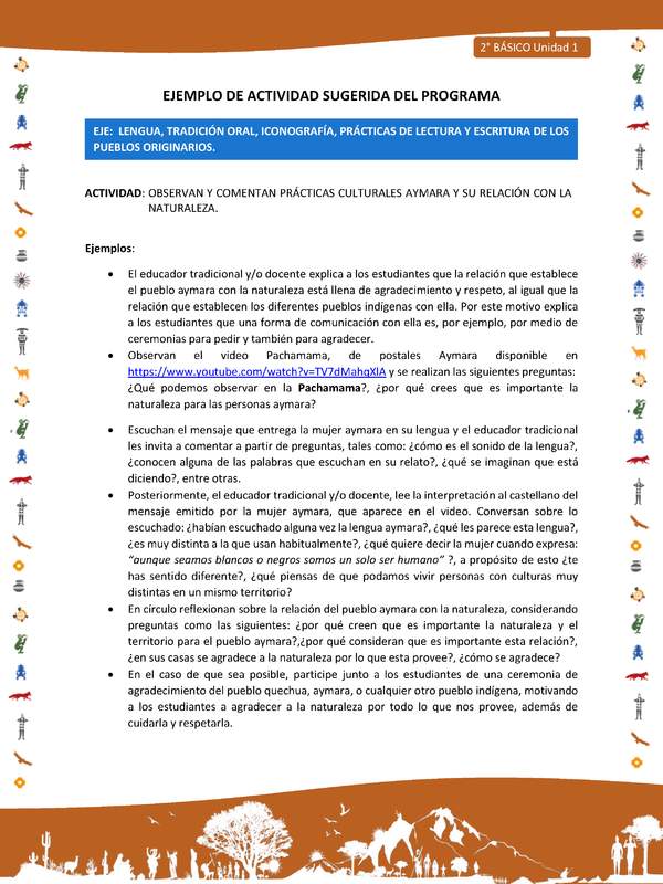 Actividad sugerida Nº 4- LC02 - INTERCULTURALIDAD-U1-ET - OBSERVAN Y COMENTAN PRÁCTICAS CULTURALES AYMARA Y SU RELACIÓN CON LA NATURALEZA. Actividad sugerida Nº 4- LC02 - INTERCULTURALIDAD-U1-ET - OBSERVAN Y COMENTAN PRÁCTICAS CULTURALES AYMARA Y SU RELACIÓN CON LA NATURALEZA.