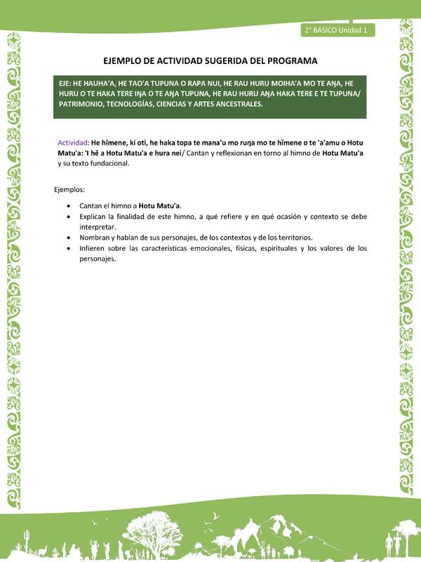 Actividad sugerida LC02 - Rapa Nui - U1 - N°21: Cantan y reflexionan en torno al himno de Hotu Matu'a y su texto fundacional. Actividad sugerida LC02 - Rapa Nui - U1 - N°21: Cantan y reflexionan en torno al himno de Hotu Matu'a y su texto fundacional.