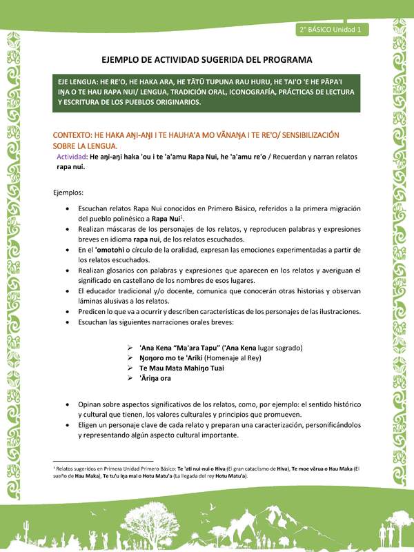 Actividad sugerida LC02 - Rapa Nui - U1 - N°01: Recuerdan y narran relatos rapa nui. Actividad sugerida LC02 - Rapa Nui - U1 - N°01: Recuerdan y narran relatos rapa nui.