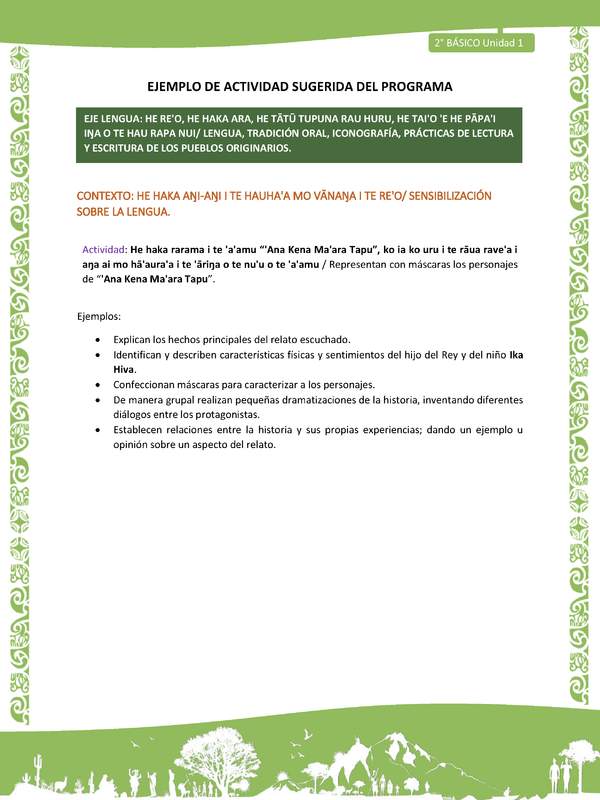 Actividad sugerida LC02 - Rapa Nui - U1 - N°02: Representan con máscaras los personajes de “'Ana Kena Ma'ara Tapu”. Actividad sugerida LC02 - Rapa Nui - U1 - N°02: Representan con máscaras los personajes de “'Ana Kena Ma'ara Tapu”.