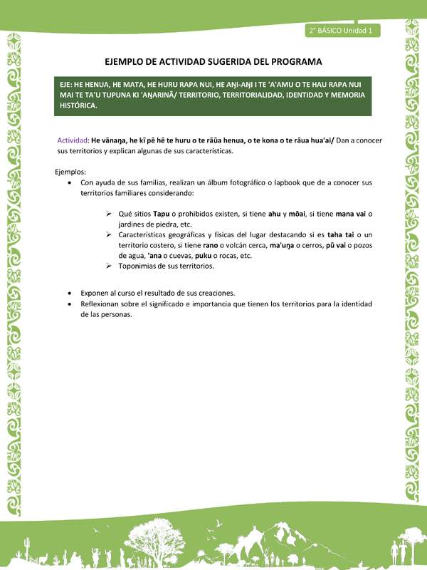 Actividad sugerida LC02 - Rapa Nui - U1 - N°15: Dan a conocer sus territorios y explican algunas de sus características. Actividad sugerida LC02 - Rapa Nui - U1 - N°15: Dan a conocer sus territorios y explican algunas de sus características.