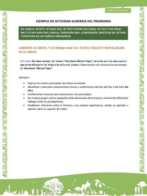 Actividad sugerida LC02 - Rapa Nui - U1 - N°05: Representan con máscaras los personajes de 'Ana Kena “Ma'ara Tapu”. Actividad sugerida LC02 - Rapa Nui - U1 - N°05: Representan con máscaras los personajes de 'Ana Kena “Ma'ara Tapu”.