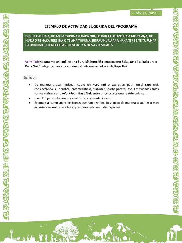 Actividad sugerida LC02 - Rapa Nui - U1 - N°20: Indagan sobre expresiones del patrimonio cultural de Rapa Nui. Actividad sugerida LC02 - Rapa Nui - U1 - N°20: Indagan sobre expresiones del patrimonio cultural de Rapa Nui.