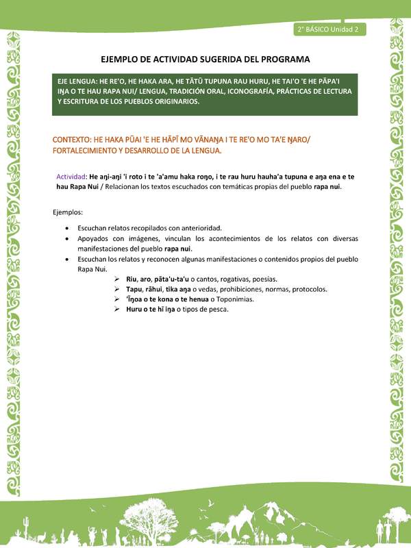 Actividad sugerida LC02 - Rapa Nui - U2 - N°20: Relacionan los textos escuchados con temáticas propias del pueblo rapa nui.