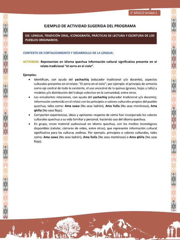Actividad sugerida LC02 - Quechua - U1 - N°08: Representan en idioma quechua información cultural significativa presente en el relato tradicional “el zorro en el cielo”. Actividad sugerida LC02 - Quechua - U1 - N°08: Representan en idioma quechua información cultural significativa presente en el relato tradicional “el zorro en el cielo”.