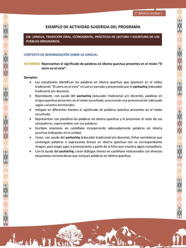 Actividad sugerida LC02 - Quechua - U1 - N°03: Representan el significado de palabras en idioma quechua presentes en el relato “El zorro en el cielo”. Actividad sugerida LC02 - Quechua - U1 - N°03: Representan el significado de palabras en idioma quechua presentes en el relato “El zorro en el cielo”.