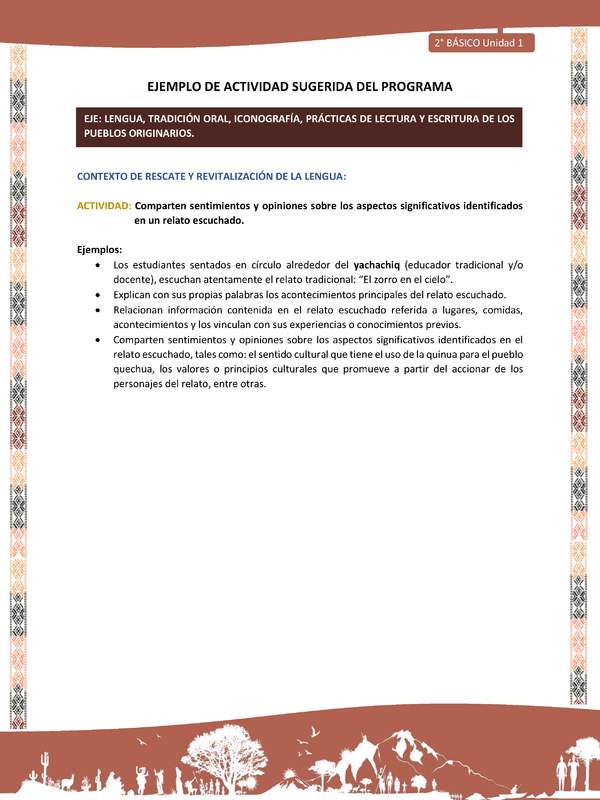 Actividad sugerida LC02 - Quechua - U1 - N°04: Comparten sentimientos y opiniones sobre los aspectos significativos identificados en un relato escuchado. Actividad sugerida LC02 - Quechua - U1 - N°04: Comparten sentimientos y opiniones sobre los aspectos significativos identificados en un relato escuchado.