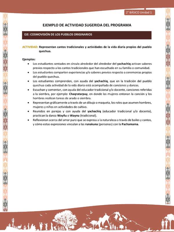 Actividad sugerida LC02 - Quechua - U1 - N°11: Representan cantos tradicionales y actividades de la vida diaria propios del pueblo quechua. Actividad sugerida LC02 - Quechua - U1 - N°11: Representan cantos tradicionales y actividades de la vida diaria propios del pueblo quechua.
