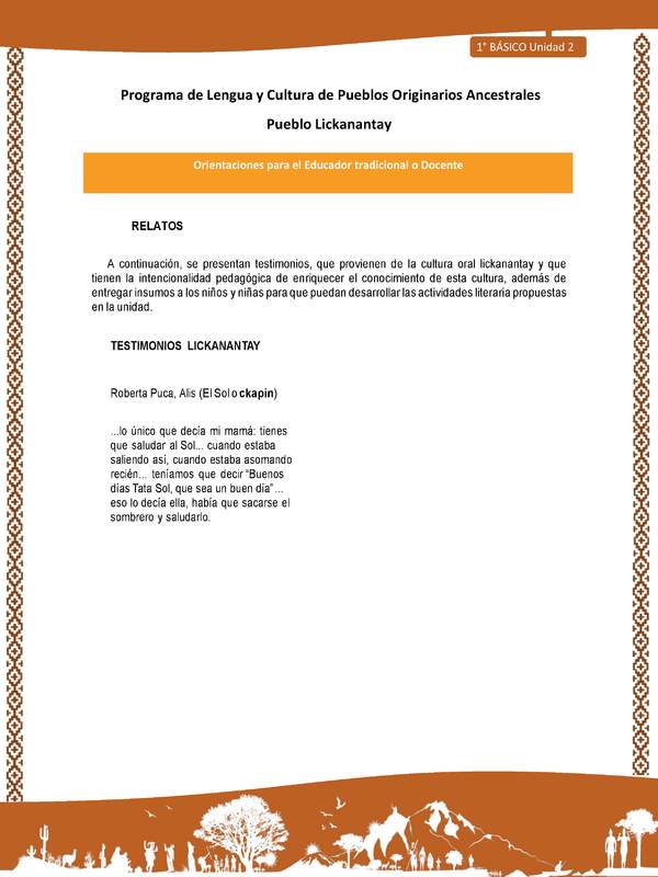 Orientaciones al docente - LC01 - Lickanantay - U2 - Relatos: El Sol o ckapin