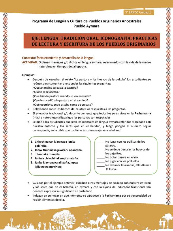 06-Actividad Sugerida LC03 U01-LF01-Ordenan mensajes y o dichos en lengua aymara, relacionados con la vida de la madre naturaleza en tiempos de jallupacha. 06-Actividad Sugerida LC03 U01-LF01-Ordenan mensajes y o dichos en lengua aymara, relacionados con la vida de la madre naturaleza en tiempos de jallupacha.