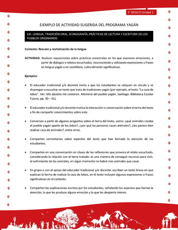 Realizan exposiciones sobre prácticas ancestrales en las que expresan emociones, a partir de diálogos o relatos escuchados, reconociendo y utilizando expresiones y frases en lengua yagán o en castellano, culturalmente significativas Realizan exposiciones sobre prácticas ancestrales en las que expresan emociones, a partir de diálogos o relatos escuchados, reconociendo y utilizando expresiones y frases en lengua yagán o en castellano, culturalmente significativas