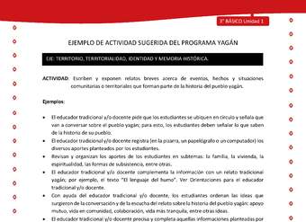 Escriben y exponen relatos breves acerca de eventos, hechos y situaciones comunitarias o territoriales que forman parte de la historia del pueblo yagán Escriben y exponen relatos breves acerca de eventos, hechos y situaciones comunitarias o territoriales que forman parte de la historia del pueblo yagán