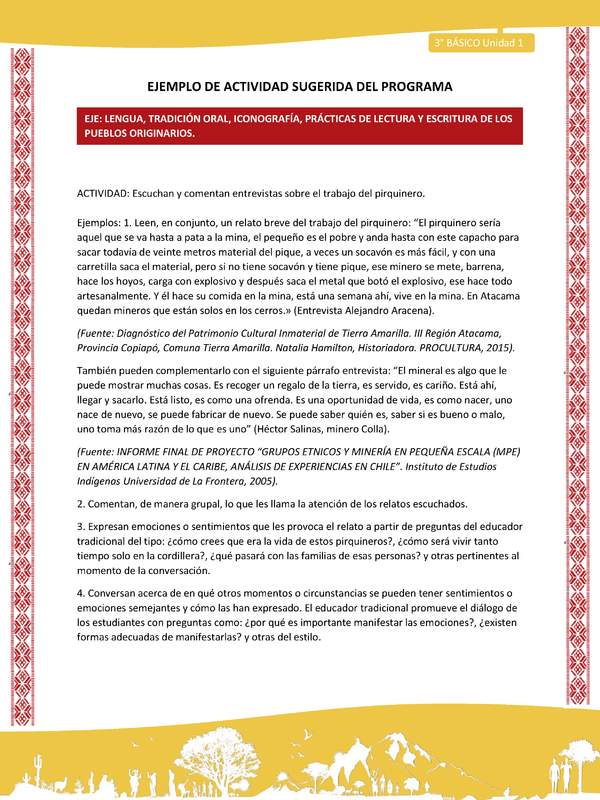 01-Actividad Sugerida LC03 COL-U01-LS01-Escuchan y comentan entrevistas sobre el trabajo del pirquinero. 01-Actividad Sugerida LC03 COL-U01-LS01-Escuchan y comentan entrevistas sobre el trabajo del pirquinero.