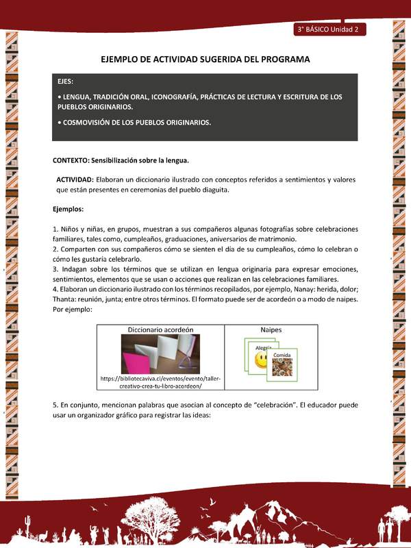 01-Actividad Sugerida LC03 DIA-U02-LS02;OA11-Elaboran un diccionario ilustrado con conceptos referidos a sentimientos y valores que están presentes en ceremonias del pueblo diaguita. 01-Actividad Sugerida LC03 DIA-U02-LS02;OA11-Elaboran un diccionario ilustrado con conceptos referidos a sentimientos y valores que están presentes en ceremonias del pueblo diaguita.