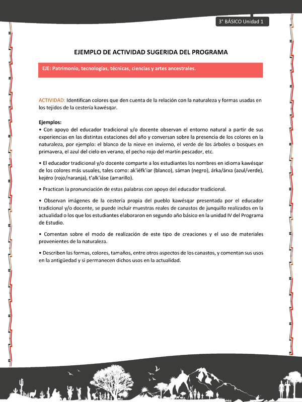 06-Actividad sugerida: LC03-KAW-U01-OA16-Identifican colores que den cuenta de la relación con la naturaleza y formas usadas en los tejidos de la cestería kawésqar 06-Actividad sugerida: LC03-KAW-U01-OA16-Identifican colores que den cuenta de la relación con la naturaleza y formas usadas en los tejidos de la cestería kawésqar