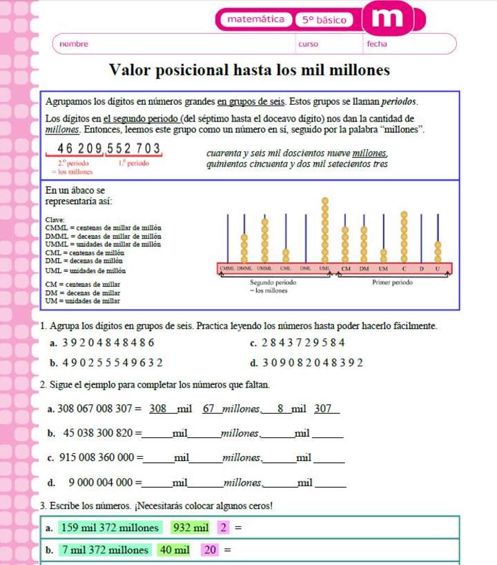 Valor posicional hasta mil millones