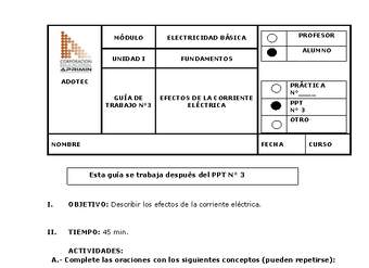Guía de trabajo del estudiante Electricidad básica, efectos de la corriente eléctrica