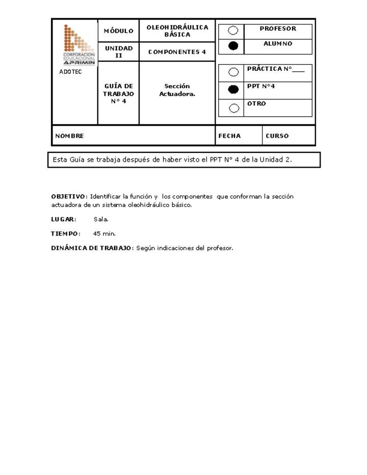 Guía de trabajo del estudiante Oleo-hidráulica, sección actuadora.