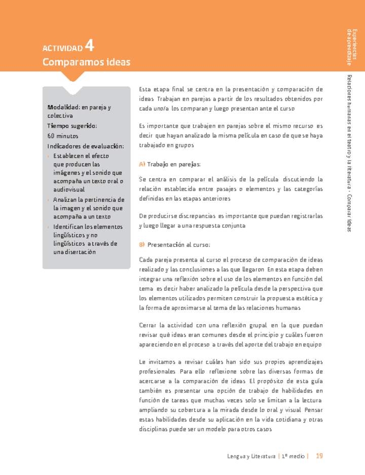 Sugerencia para el profesor: Actividad 4: Comparamos ideas