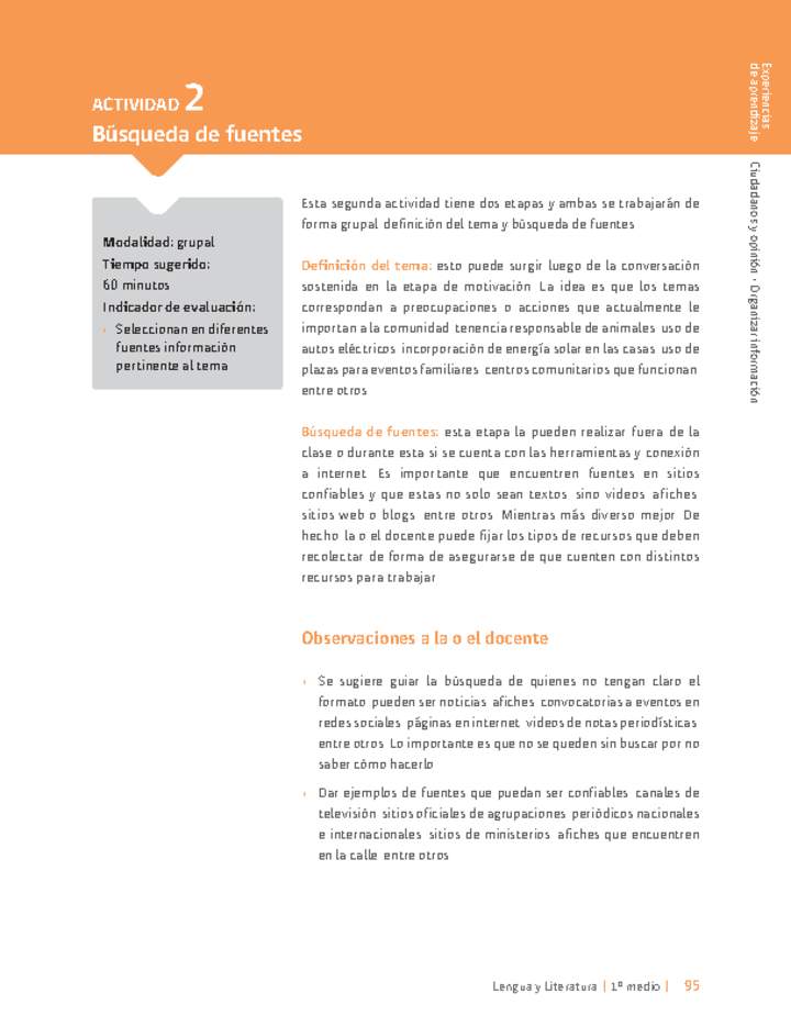Sugerencia para el profesor: Actividad 2: Búsqueda de fuentes
