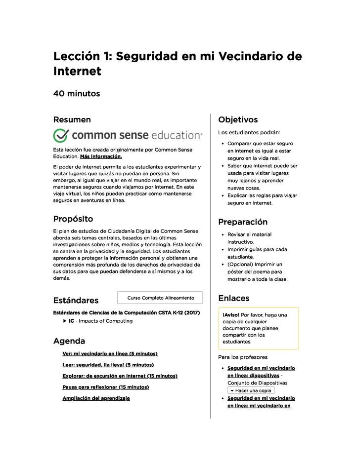 Lección 1: Seguridad en mi Vecindario de Internet
